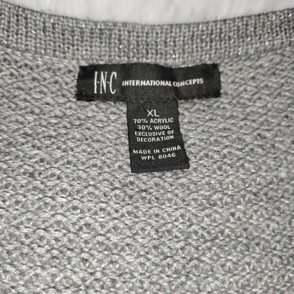 INC International Concepts Gray Silver Speckles Fringe Trim Knit Cardigan XL - Picture 3 of 12